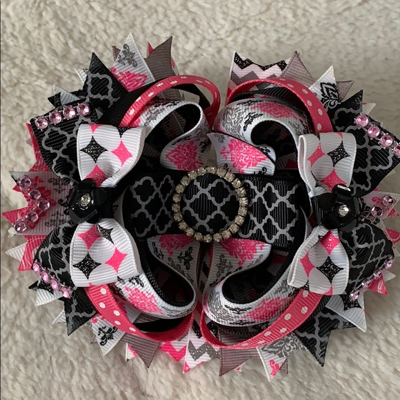 OTT Black & Pink Hair Bow snap clip rhinestones - Picture 1 of 4